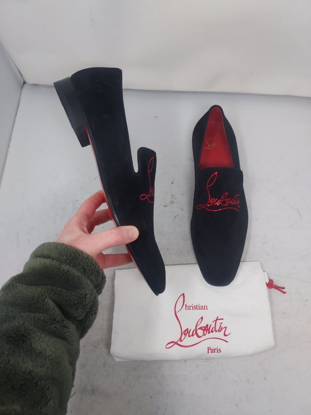 CHRISTIAN LOUBOUTIN MENS Black Dandelion Strass Suede Logo Loafer